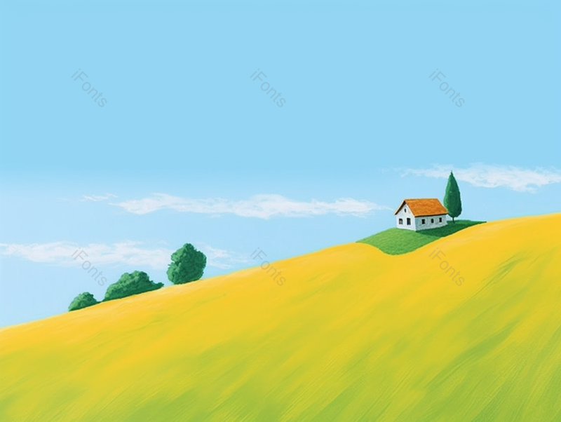 蓝天白云天气晴朗黄绿色渐变的山头上的一栋房子和松树手绘插画背景,插画/手绘图,插画/手绘图库,插画/手绘图下载,插画/手绘